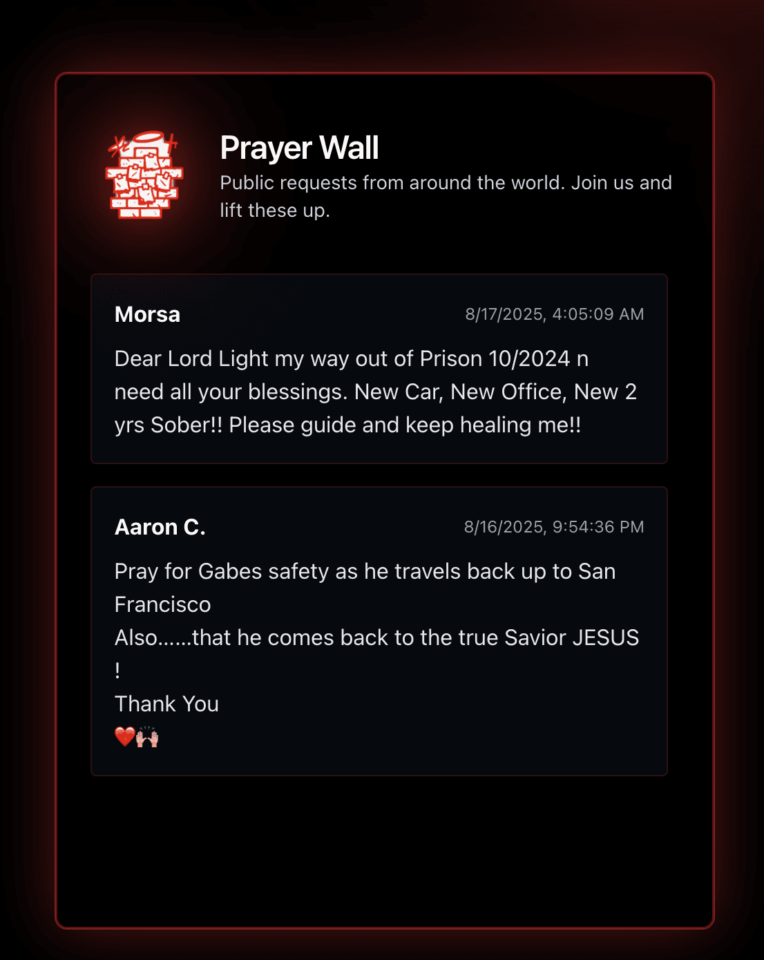 Prayer Wall: Prayers Section