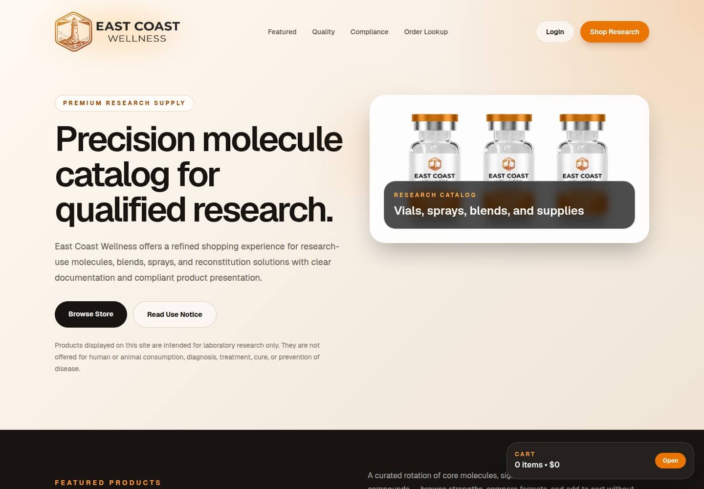 East Coast Wellness homepage with the logo and a precision molecule catalog headline