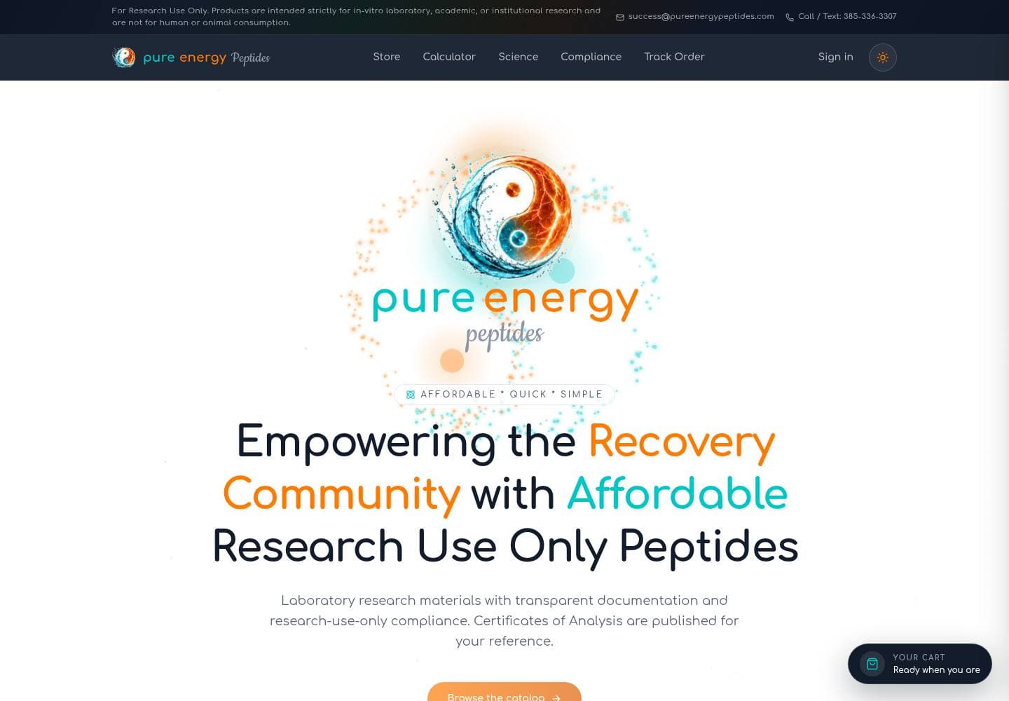 Pure Energy Peptides homepage with Affordable, Quick, Simple and featured research compounds