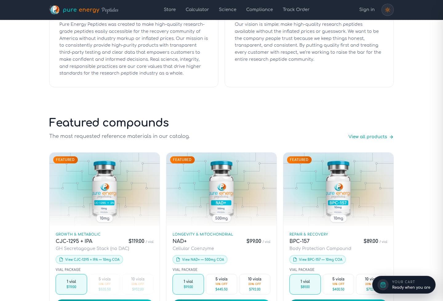 Featured compounds section on pureenergypeptides.com